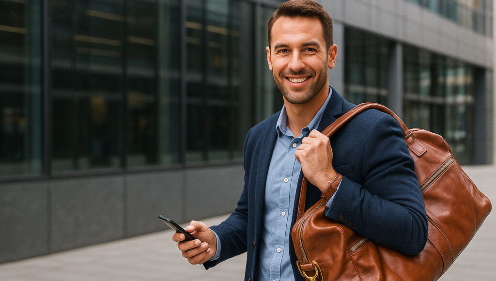 Smiling man in a navy blazer holds a large brown leather duffel bag and checks his phone outdoors.