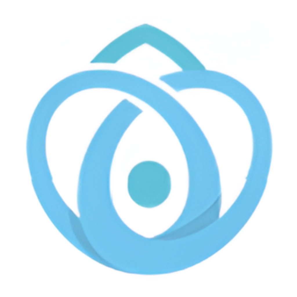 Blue abstract logo featuring interwoven loops forming a circular ring with a central dot.