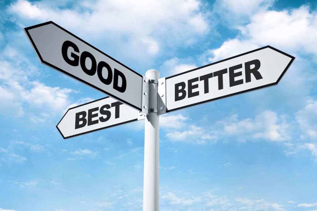 Signpost with three directional signs reading GOOD, BETTER, BEST against a blue sky — represents choices or levels of quality.