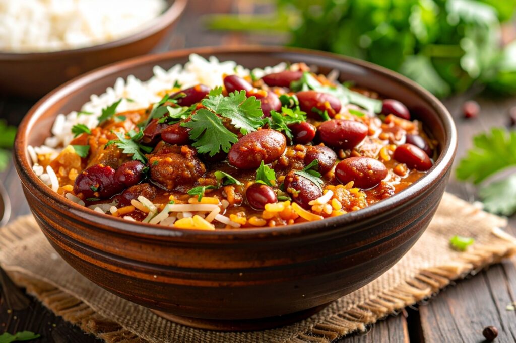 Bowl of chili filled with kidney beans, ground meat, corn and cilantro, served over rice in a brown ceramic dish
