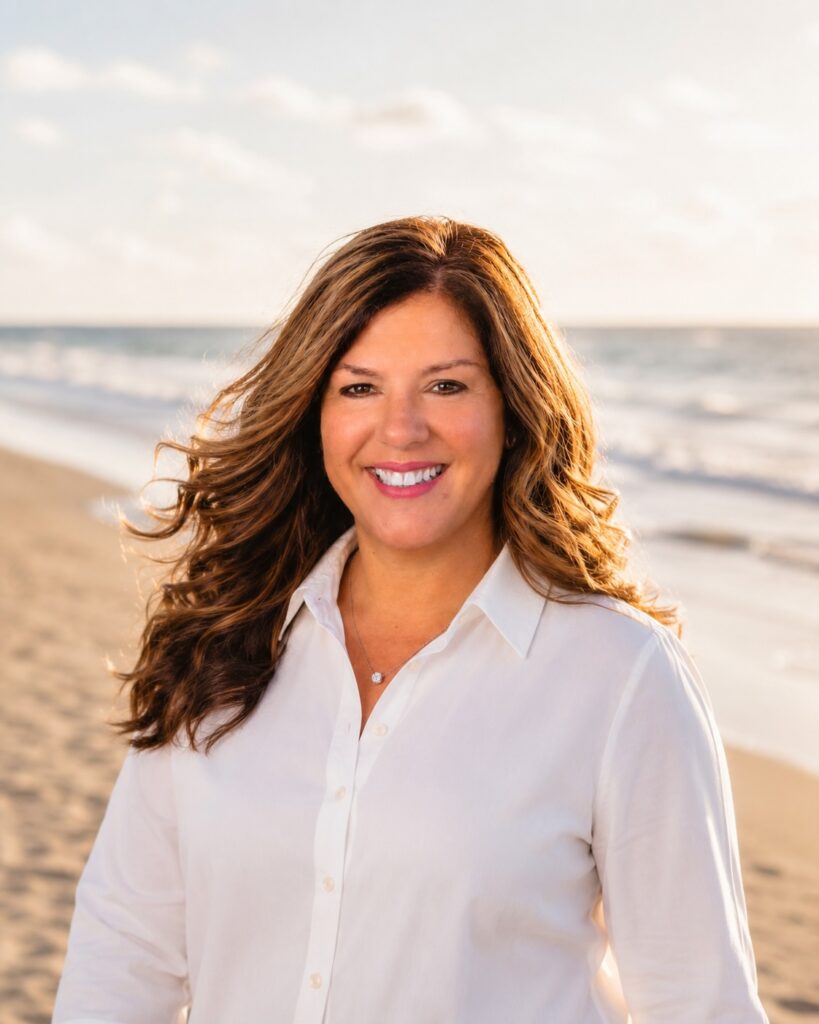 Smiling woman in a white button-down shirt on a sandy beach with the ocean in the background at sunset.