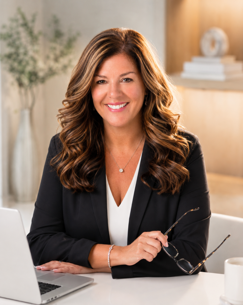 Smiling businesswoman in a black blazer sits at a desk with a laptop, holding glasses.