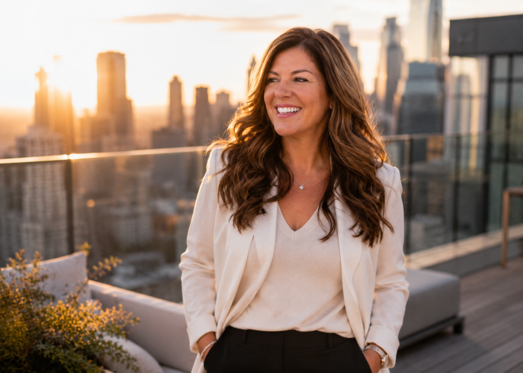 Woman on a rooftop terrace at sunset, smiling, wearing a white blazer and light top with hands in pockets, city skyline behind her