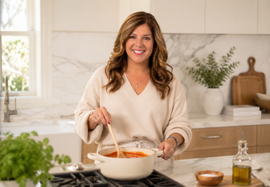 Smiling woman in a cream sweater stirs a tomato sauce in a white pot on a stove in a bright marble kitchen.