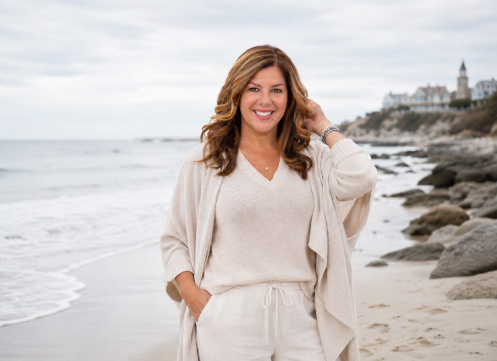 Smiling woman in a beige sweater and cardigan on a beach, rocks and a seaside town in the background.