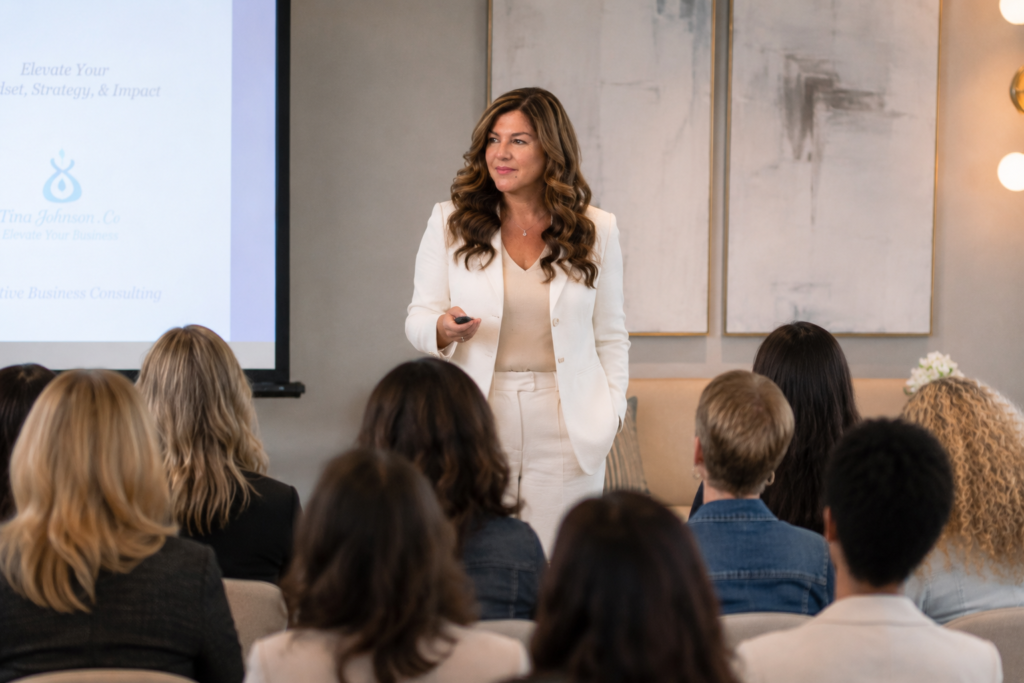 Woman in a white suit presenting to an audience in a conference room with a projector screen to the left.