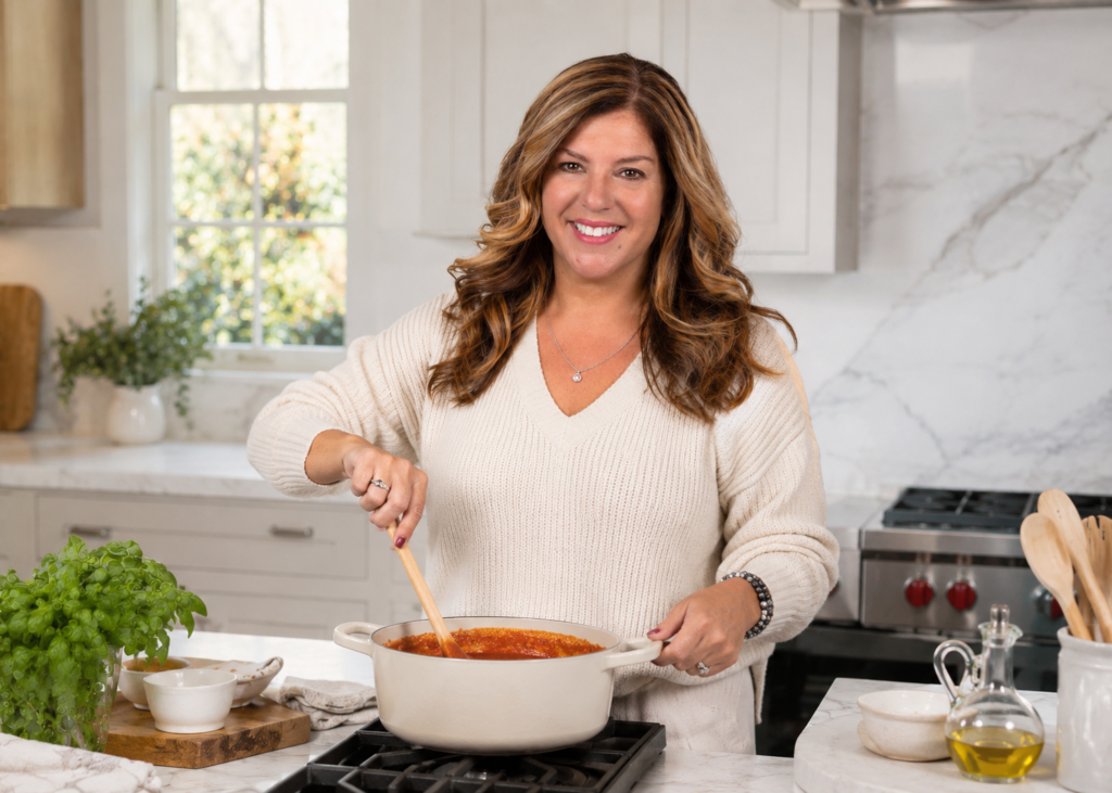 Woman smiling while stirring a pot of tomato sauce on a gas stove in a bright kitchen.