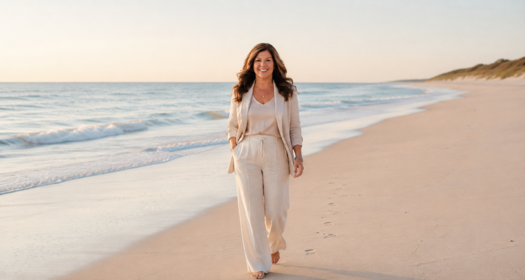 Woman in a beige linen suit walks barefoot along a sandy beach at sunset, with gentle waves in the background.