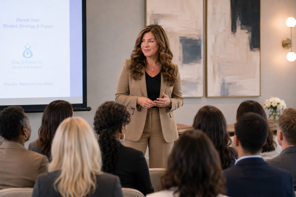 Woman in a beige suit presenting to a seated audience in a conference room.