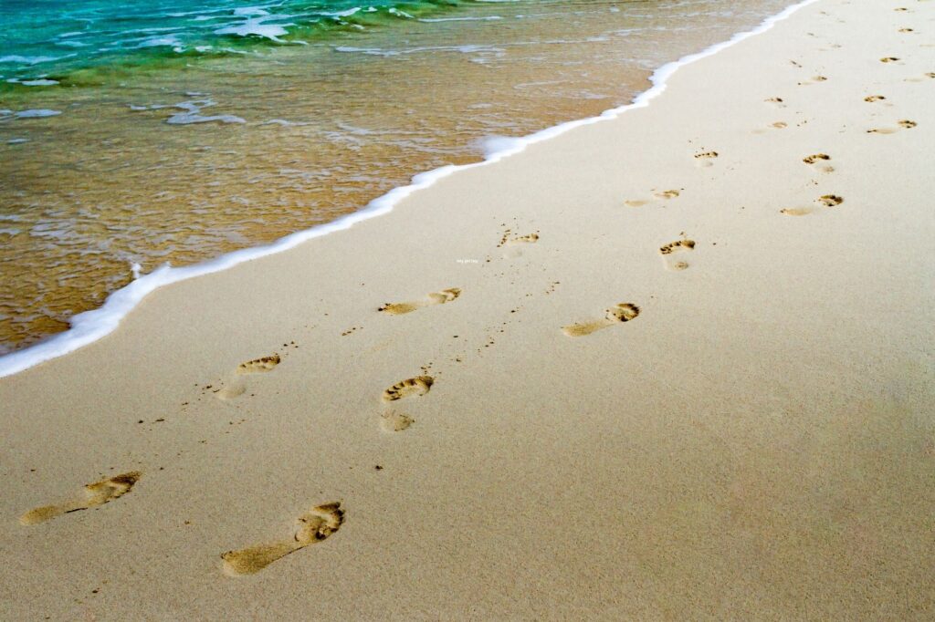 Footprints in wet sand along a calm turquoise shoreline.